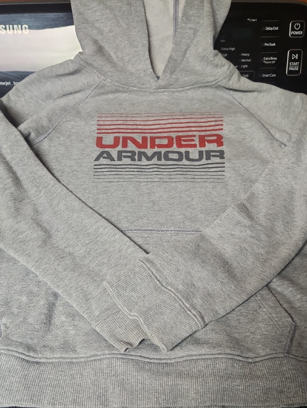 Under Armour Light Gray Pullover Hoodie with Red and Black Logo